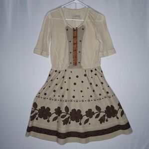 All‎ Saints Spitalfields Dress 10 Beige Brown Knit Hook Leather Midi Aline Vtg